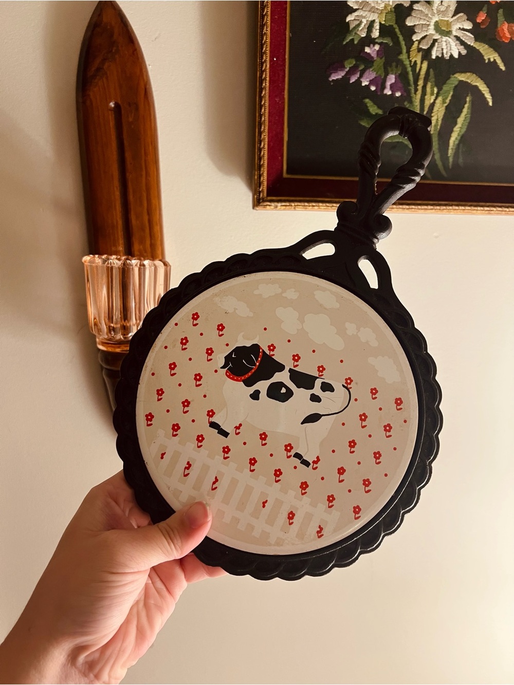 Vintage Black Cast Iron Trivet with Cow Motif